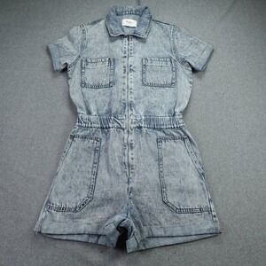 KanCan Romper Womens Small Acid Wash Short Sleeve Zip‎ Front Jumpsuit Denim
